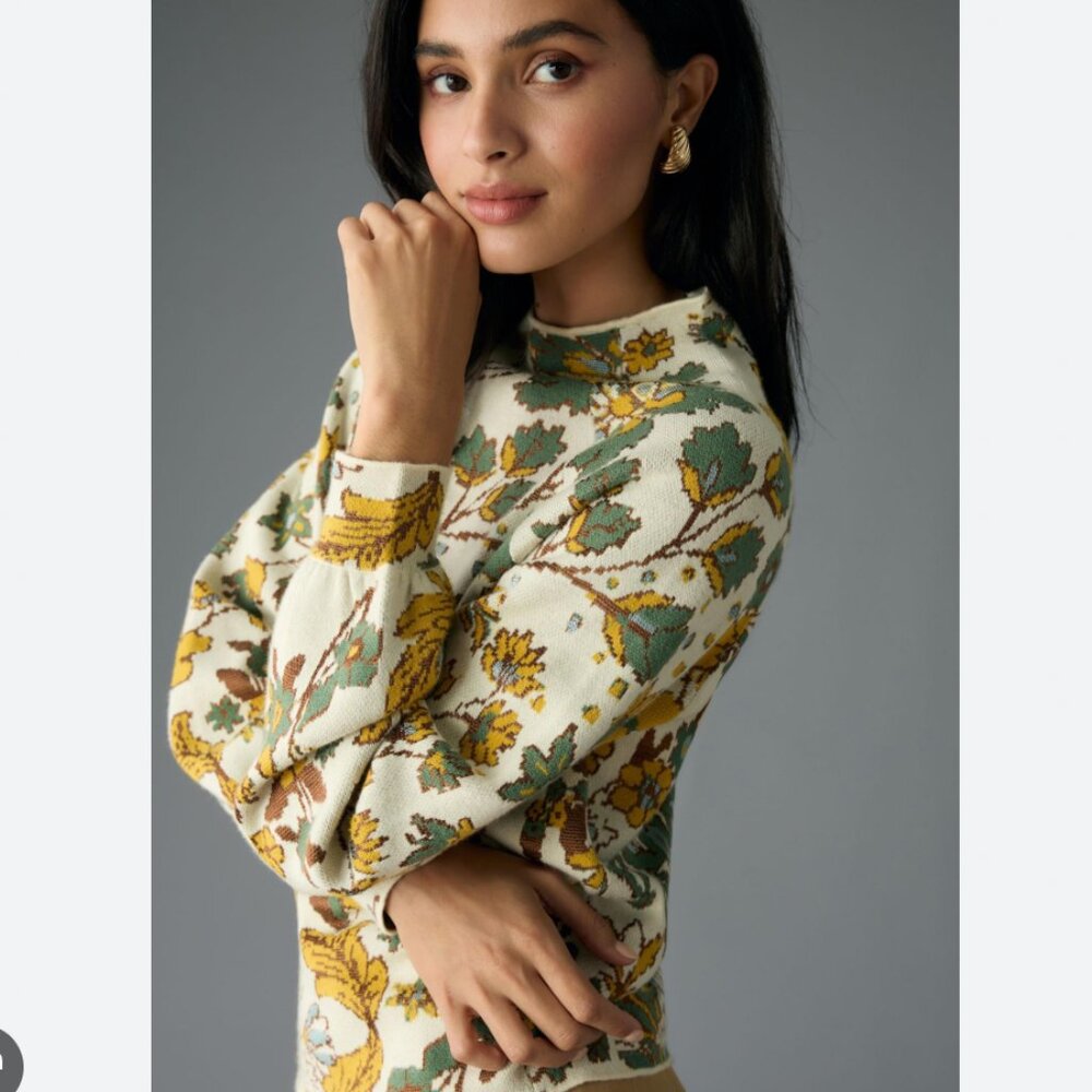 Anthropologie The Beatriz Fall Floral Mock Neck Sweater Cottagecore Size Medium - Picture 2 of 7